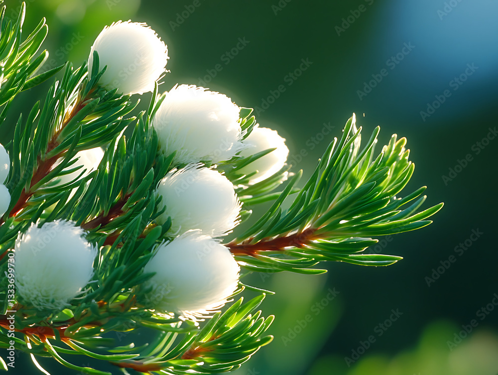 Poster a close-up of green foliage featuring clusters of white, round structures, creating a striking contr