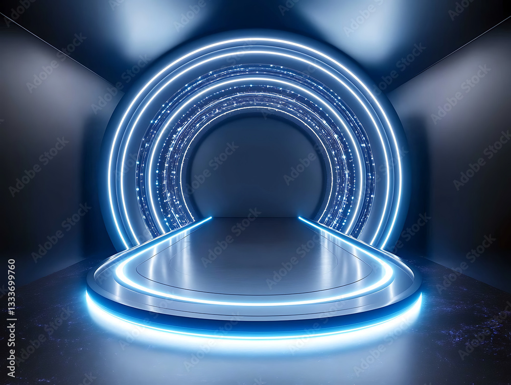 Poster a futuristic tunnel with glowing blue lights and a sleek pathway, creating an immersive digital ambi