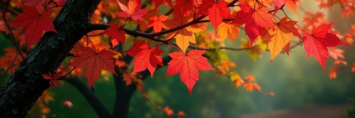 Obraz premium Red hues of autumn leaves blend with green vines, vine, fall, nature
