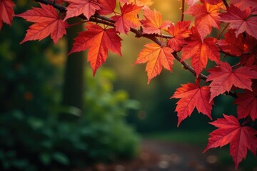 Red hues of autumn leaves blend with green vines, fall, vine