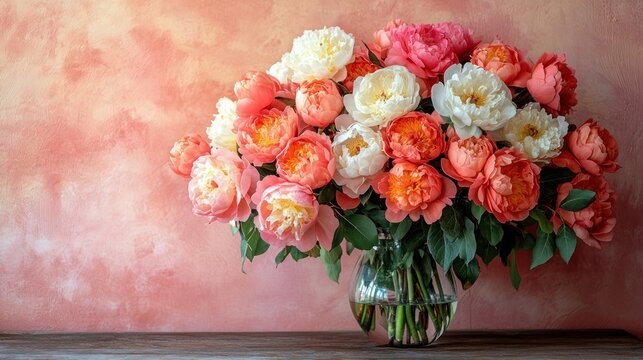 Vibrant peonies in a vase, against a textured backdrop
