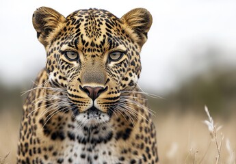 Obraz premium Close-up portrait of a leopard with striking yellow eyes and unique spotted fur in natural habitat during daylight showcasing wild beauty
