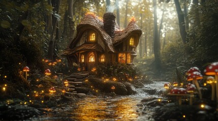 Fototapeta premium Whimsical woodland cottage illuminated amidst glowing mushrooms and a gentle stream