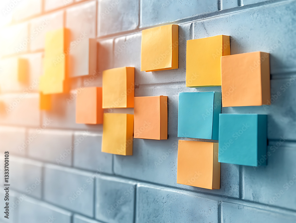 Aufkleber A vibrant arrangement of colorful sticky notes on a textured wall, creating a visually appealing and organized display