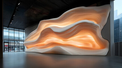 Large Abstract White and Orange Sculpture in Modern Building Interior