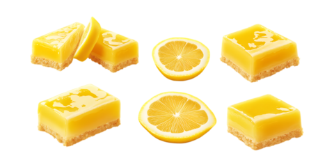 Six individual lemon squares and citrus halves are displayed separately across a bright transparent background for recipe use.