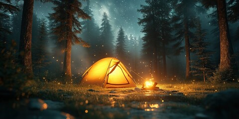 This photo shows a hiker's tent and campfire on a holiday evening