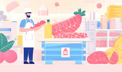 Fresh Meat and Produce Display in Modern Grocery Store Setting