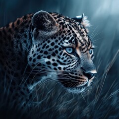 Obraz premium Close-Up Portrait of a Majestic Leopard in a Mystical Forest Setting, Capturing Its Striking Features and Intense Gaze in Soft Natural Light