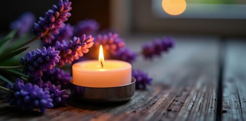 The soft glow of a candle illuminates the delicate fragrance of lavender oil, cozy, ambiance