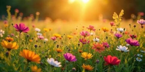 Obraz premium The warm sunlight casts a golden glow on a colorful patchwork of wildflowers, flowers, wildflowers