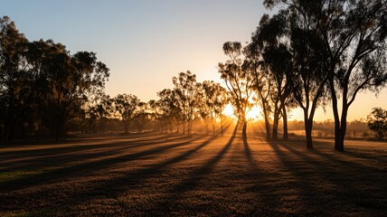Obraz premium Serene Sunrise Landscape with Long Shadows Through Trees