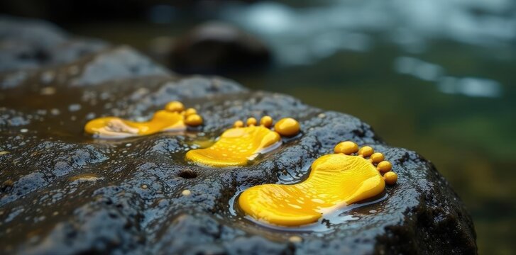 Yellow footprints on wet rock surface by the stream, wettstein, fango fluss, water