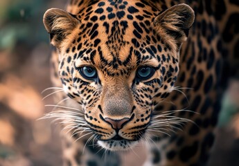 Obraz premium Close-Up Portrait of a Majestic Leopard with Striking Blue Eyes and Iconic Spotted Fur Captured in Natural Habitat, Showcasing Exotic Wildlife Beauty