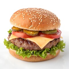 hamburger on a white background. Hamburger on white.  hamburger with cutlet grilled on a wooden surface. Home made hamburger with lettuce and cheese. 