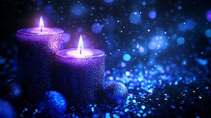 Purple candles, blue ornaments, holiday background.  Possible use for greeting cards, seasonal decorations