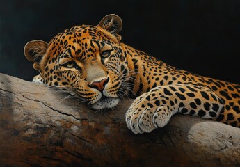 Naklejka premium Close-Up Portrait of a Resting Leopard with Stunning Spots Against a Dark Background, Capturing the Majesty of Wildlife in a Natural Habitat