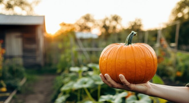 Hand holding orange pumpkin in garden at sunset