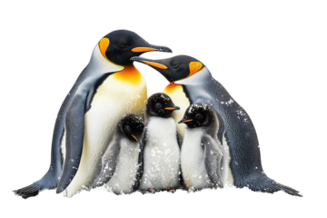 A King Penguin Family Huddled Together In The Antarctic Snow, Showcasing A Tender Moment Of Parental Care And Protection Amidst A Winter Wonderland Isolated on Transparent Background