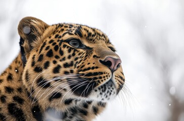 Naklejka premium Close-Up Portrait of a Wild Leopard Against a Soft Snowy Background Capturing the Majesty and Beauty of Nature in a Serene Winter Setting
