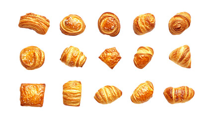 Various golden baked pastry croissants and puff pastry squares displayed for bakery promotion isolated on a transparent background.