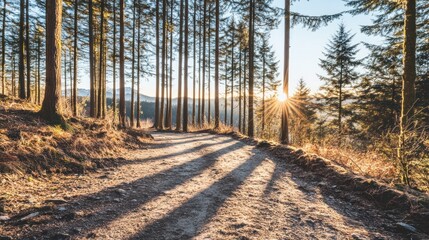 Sunset trail, pine forest, hilltop view