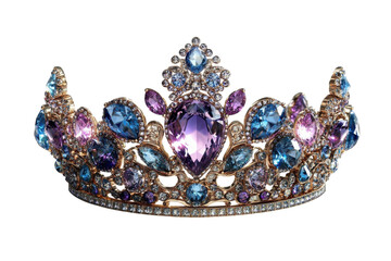 A Majestic Jeweled Crown, Radiating Regal Splendor And Enchanting Mystery With Its Vibrant Purple, Blue, And Pink Gemstones On A Gold Base Isolated on Transparent Background
