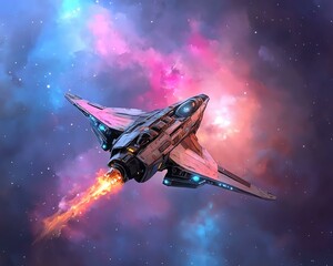 Futuristic spaceship navigating through space.