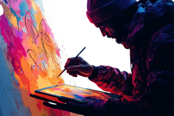 A Passionate Artist Meticulously Paints Vibrant Abstract Art, Infusing Bold Colors And Dynamic Strokes Onto Canvas With A Digital Tablet Enhancing The Creative Process Isolated on Transparent Backgrou