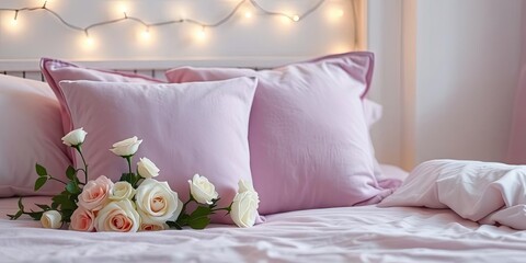 Romantic Pink Bedroom Decor Roses Pillows Lights