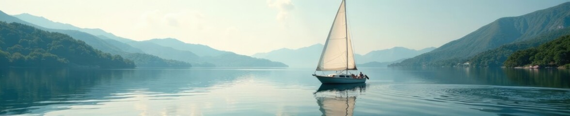 Fototapeta premium Dinghy boats and sailboat sailing on calm lake waters, sea, nautical, travel