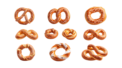 Assortment of baked brown pretzels and bagels arranged in three rows isolated on a transparent background for bakery advertising.