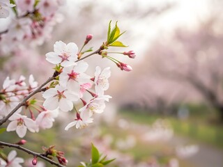 Obraz premium Cherry blossoms against a blurred background.