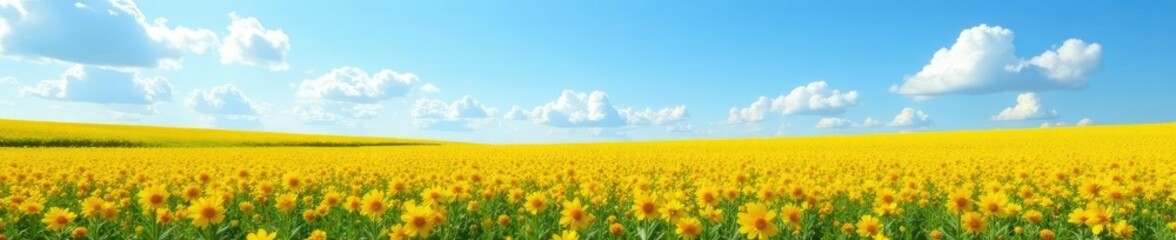 Obraz premium Field of yellow marigolds with blue sky and clouds, landscape, cloud, sky