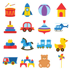 Children Toy illustration set. Includes of teddy bear, toy car, building blocks, puzzle, doll, and More. Vector flat color collection