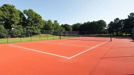 Outdoor Tennis Court Red Surface Green Trees Background Summer Day