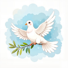Fototapeta premium White dove with outstretched wings holding olive branch against blue background, peace concept