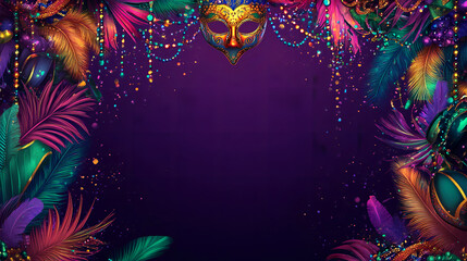Large Mardi Gras themed banner with gradient background illustration from purple to green, decorative elements in the form of beads, masks and colorful feathers decorate the edges, Ai generated images