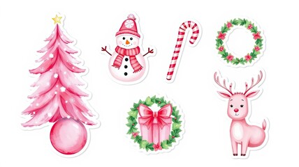Naklejka premium Pink Christmas Clipart Reindeer Snowman Tree Wreath Candy Cane