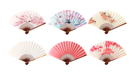 A set of six colorful folding hand fans featuring floral designs provides elegant cooling accessories isolated on a bright white surface.
