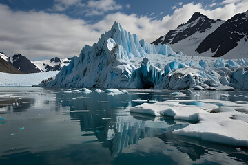 The iceberg's majestic and intricate form showcases various shapes, translucent ice, and an aura of mysterious secrets hidden beneath the water's surface.
