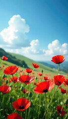 Obraz premium Red poppy blooms in a field against a clear blue sky and fluffy white clouds, hillside, blossom, petals