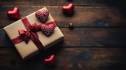 Valentine's Day themed flat lay featuring a beautifully wrapped gift, plush hearts, and ample space for text, ideal for love-themed promotions and greetings.