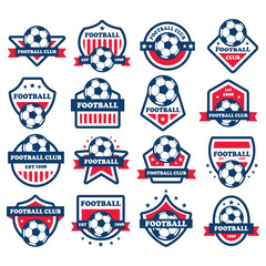 Naklejka premium Football Badge illustration set. Includes of soccer badge, team emblem, football club logo, championship badge, and More. Vector flat color collection
