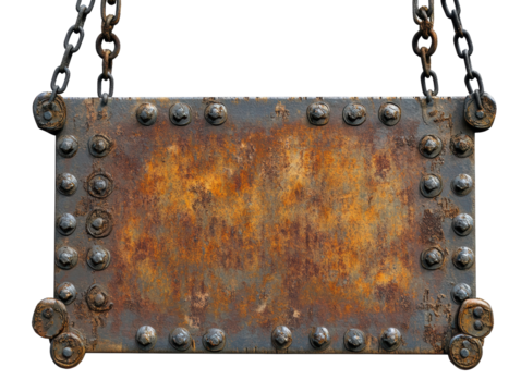 Isolated Rusted Metal Sign Hanging by Chains with Round Rivets