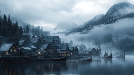 Obraz premium Mystical Viking Village Enshrouded in Fog along Norwegian Fjord Shoreline