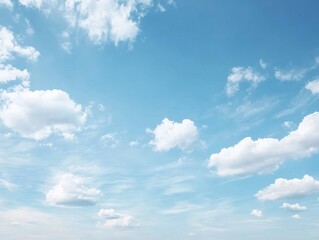 Obraz premium Bright Clear Sky with White Clouds and Vast Flat Light Blue Background, Creating Atmosphere of Tranquility and Serenity, Ideal for Conveying Peace, Freedom, Hope, Inspiration, Happiness, and Natural B