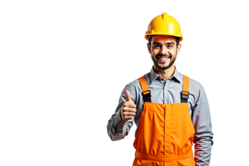 Smiling construction worker giving thumbs up isolated on transparent background. Cheerful engineer in hard hat and overalls for construction, safety, industry themes.
