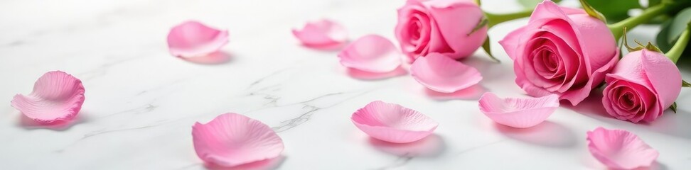 Fototapeta premium Soft pink rose petals scattered on white marble, ambiance, pink roses