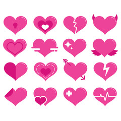 Heart illustration set. Includes of love, romantic, red heart, pink heart, heart shape, valentine, and More. Vector flat color collection